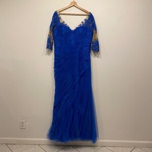 Pronovias Blue Embroidered Mesh Chiffon Maxi Ruched Dress